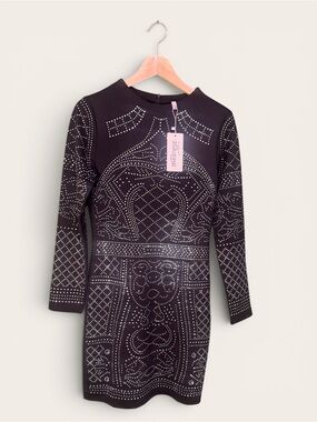 Meaneor Black Long Sleeve Rhinestone Studded Bodycon Mini Dress
